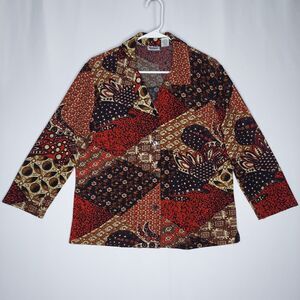 Monterey Canyon Vtg Top Womens Medium Red Brown Patchwork Knit 3/4 Button Collar